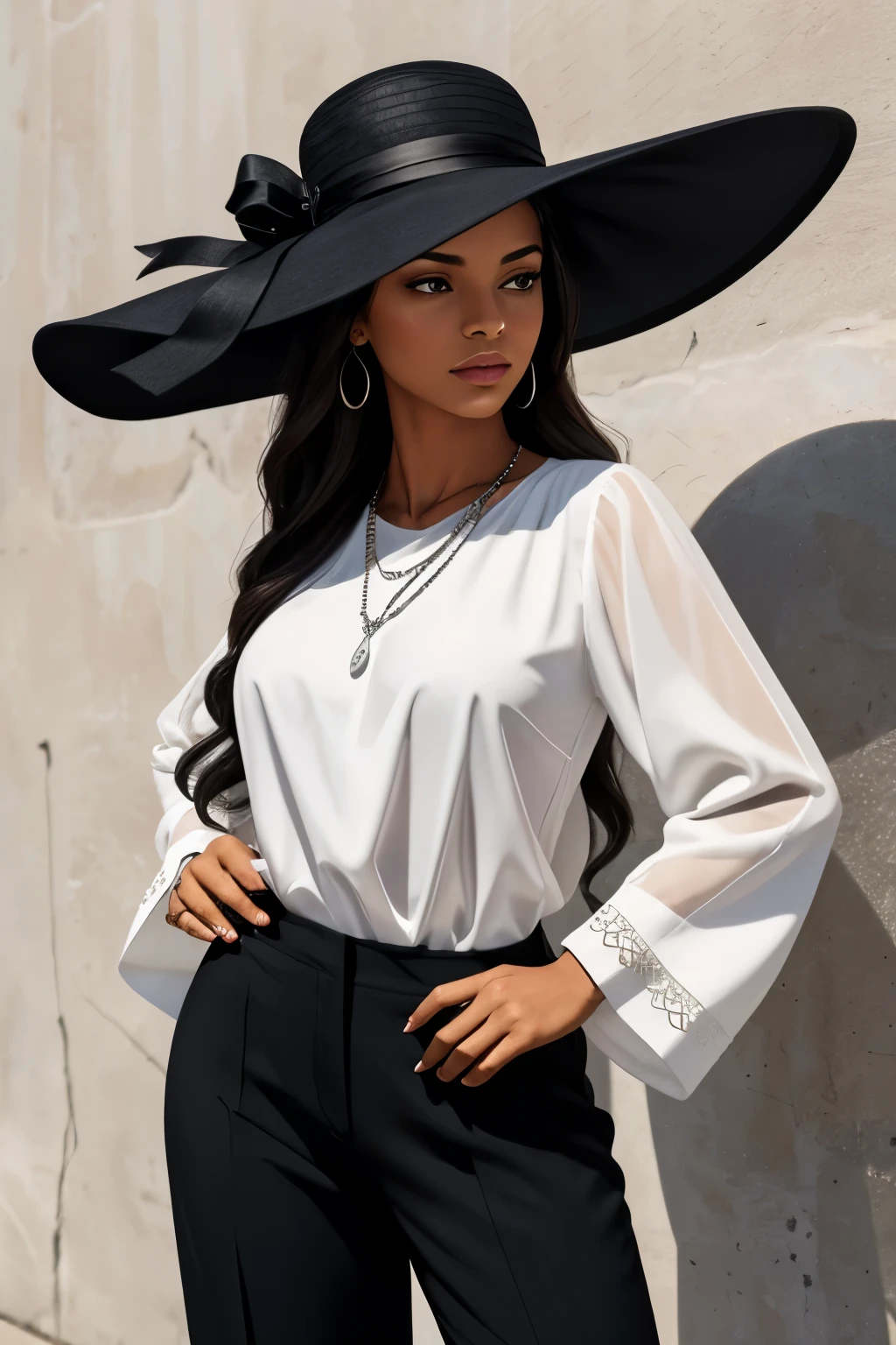 **Portrait style image showing a beautiful, gorgeous woman standing against a dark background. The woman is wearing a large traditional hat with intricate white detailing along the brim. She is dressed in a black outfit, including a long-sleeved shirt and pants, which blend into the dark background. The woman has a light to medium skin tone and long hair. Her face is partially obscured by the shadow cast by the hat, adding a dramatic effect to the image. She is accessorized with a silver chain necklace and a bracelet on her right wrist. Her hands are placed near her waist, with one hand resting on her hip**