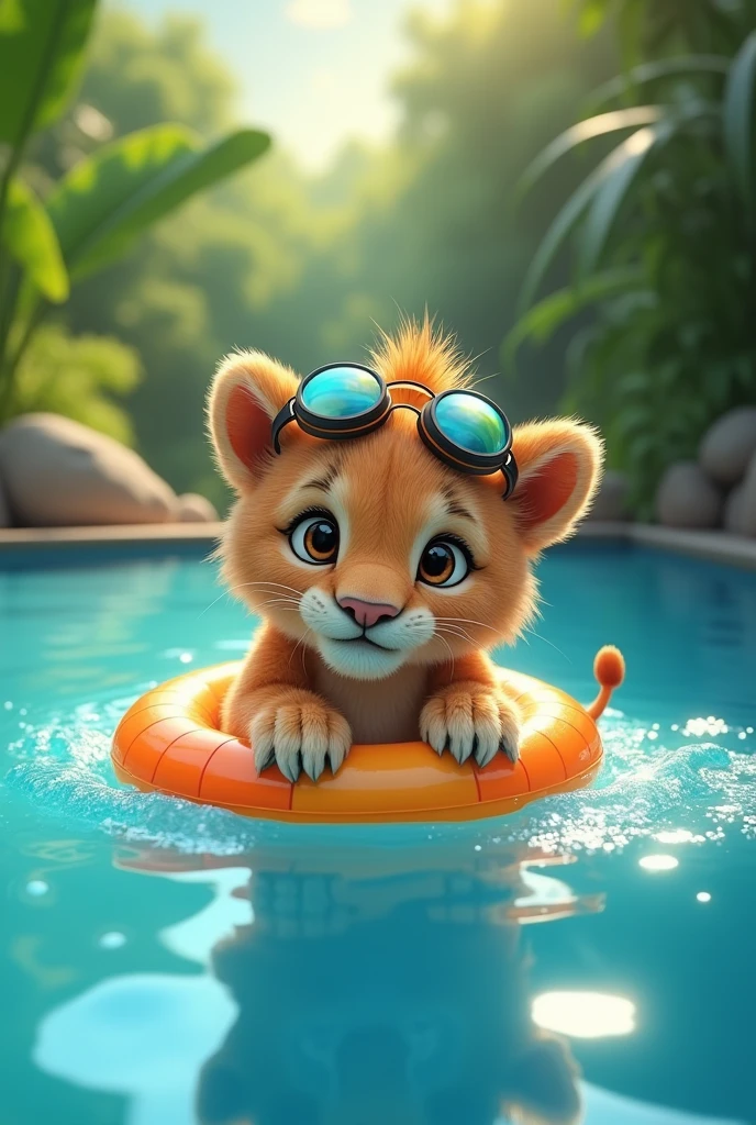 A swimming lion cub,Wearing goggles,A swimming ring