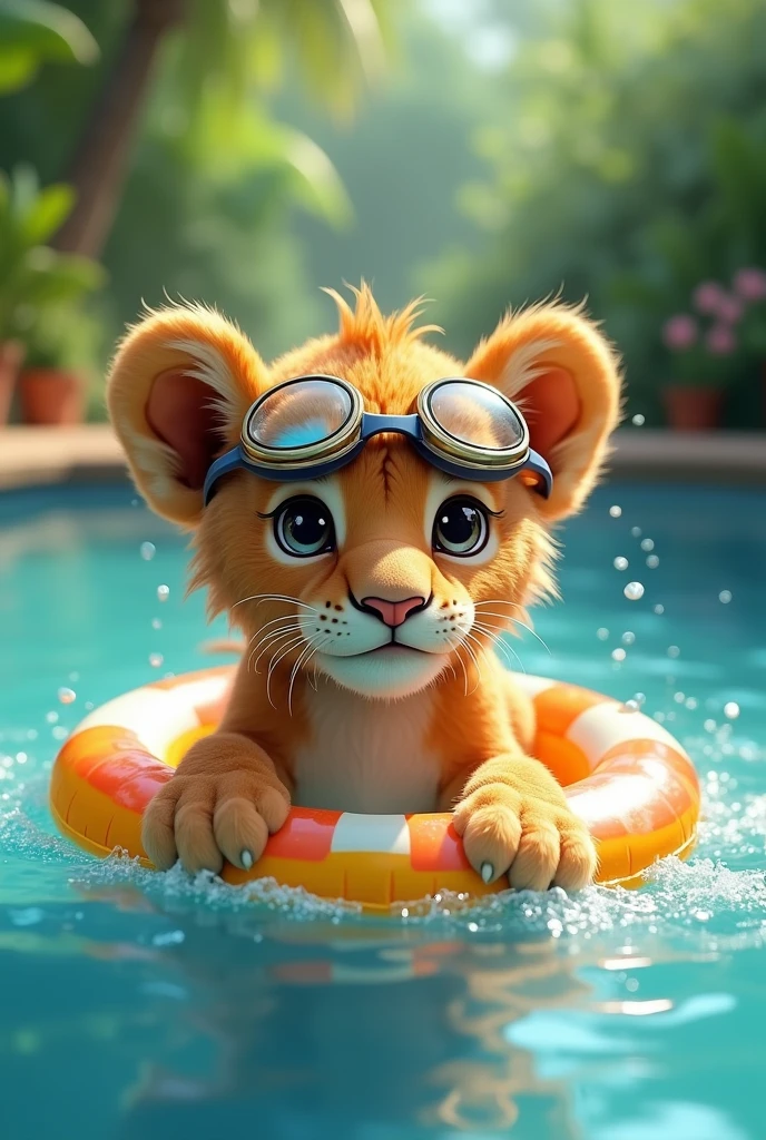 A swimming lion cub,Wearing goggles,A swimming ring