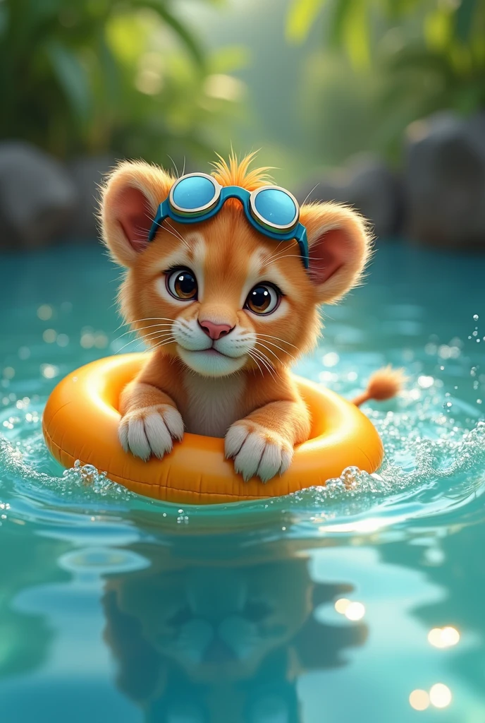 A swimming lion cub,Wearing goggles,A swimming ring