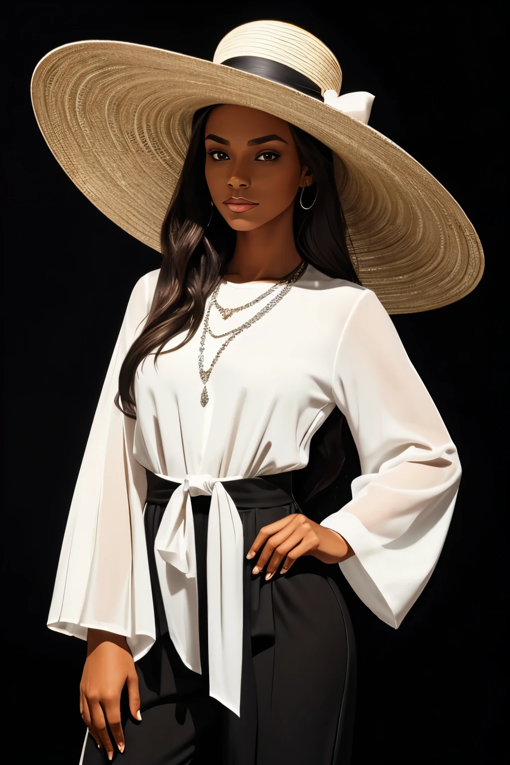 **Portrait style image showing a beautiful, gorgeous woman standing against a dark background. The woman is wearing a large traditional hat with intricate white detailing along the brim. She is dressed in a black outfit, including a long-sleeved shirt and pants, which blend into the dark background. The woman has a light to medium skin tone and long hair. Her face is partially obscured by the shadow cast by the hat, adding a dramatic effect to the image. She is accessorized with a silver chain necklace and a bracelet on her right wrist. Her hands are placed near her waist, with one hand resting on her hip**