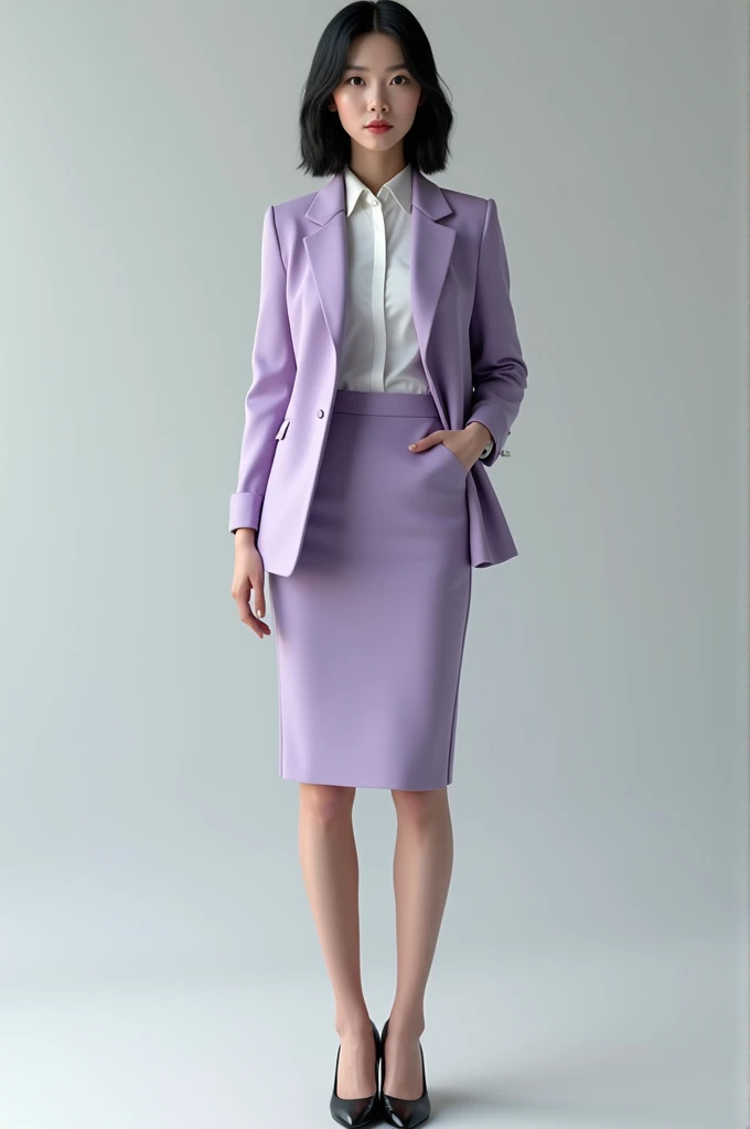 Create an image of a 25-year-old businesswoman,thin black eyes, short straight black hair she is wearing a businesswoman outfit,light purple blazer