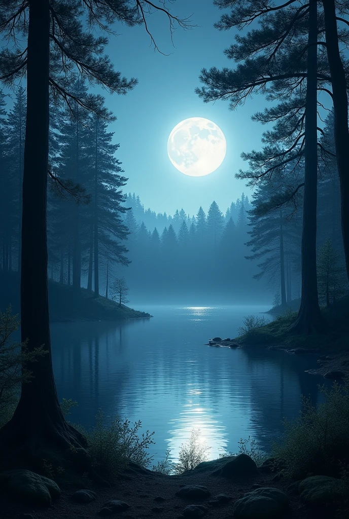 It is night and in the middle of the forest there is a lake that is illuminated by the light of the moon.