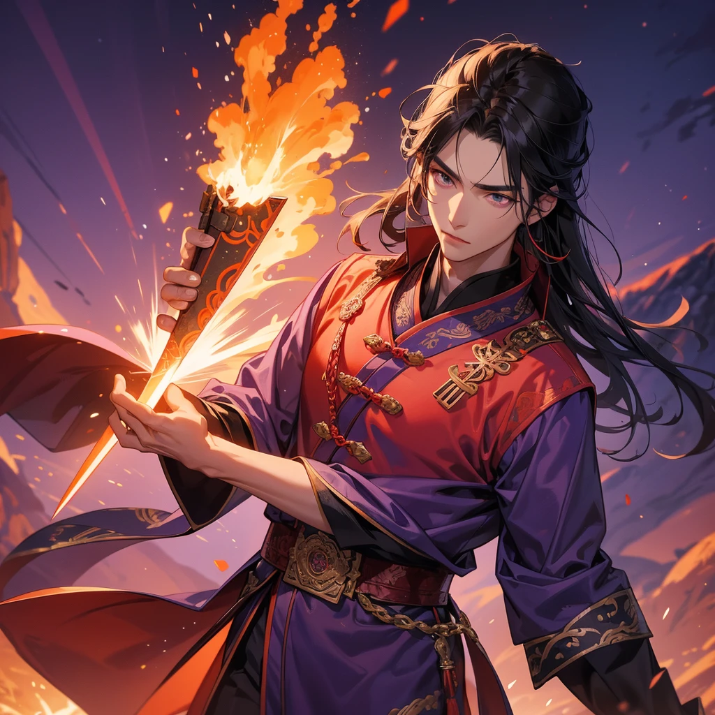 Handsome black-haired male general holding a large sword in violet ancient Chinese general costume, Surrounded by a volcano erupting, red and orange, surrounded by volcanic rocks, sunset, close up.
