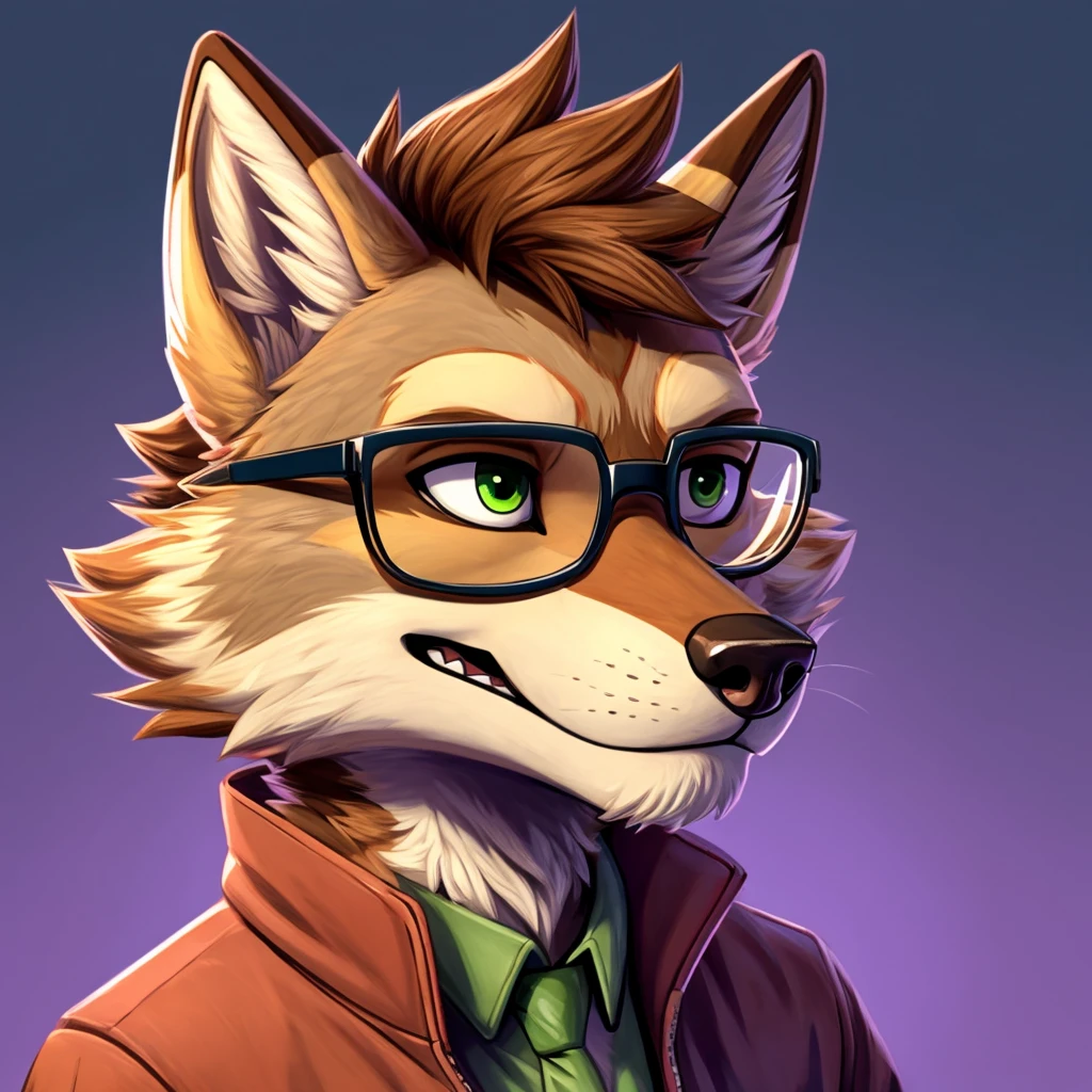 furry art, cartoonish, the coyote race, short hair ,wavy coffee down,  The fur on the face of the muzzle is peach-colored., From his nose to his forehead he has a strong brown stripe, wears an open green jacket,has glasses, with a gradient purple background 