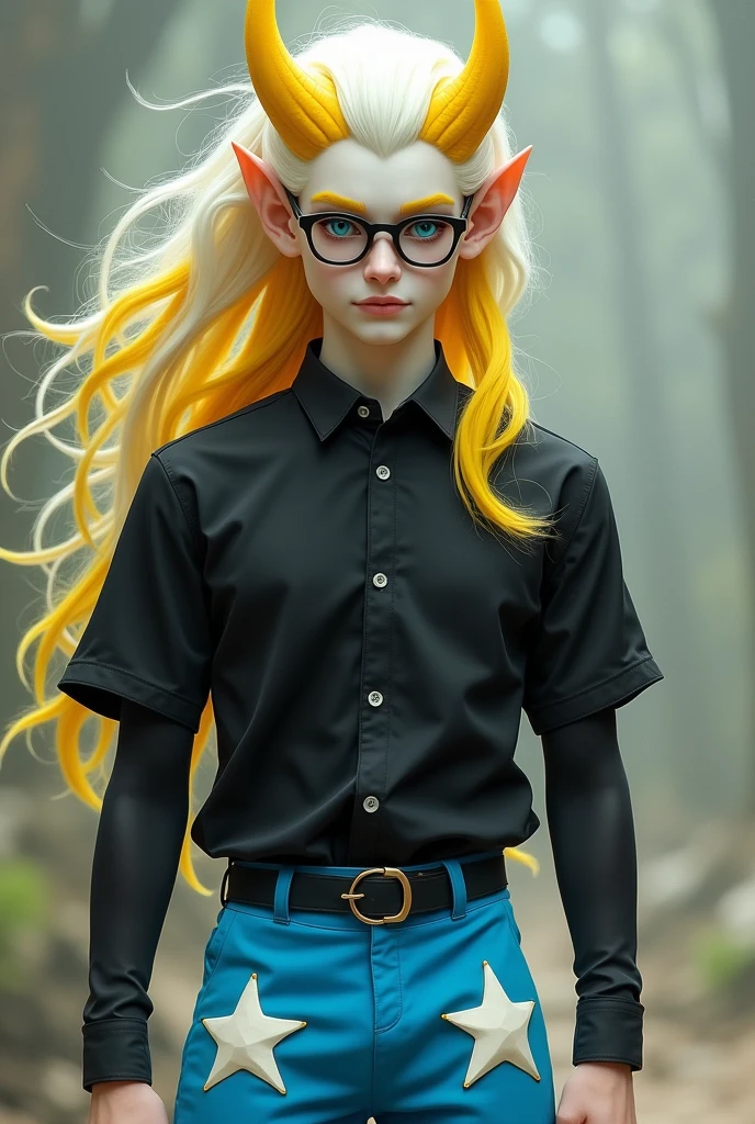 Person with white skin, yellow horns, white and yellow hair, blue shorts with white stars and a black shirt, male character with black glasses