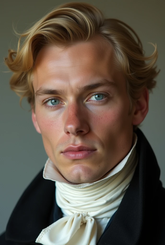 Photo of blond man, big blue eyes, handsome, white, straight nose, very thin mouth. 1850s dress