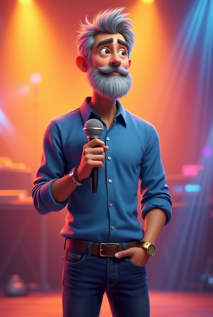 A male character of approximately 30 years old, with very short, spiky gray hair and a gray beard, short and well-groomed. Your skin is white, and he has expressive eyes that convey a mixture of wisdom and seriousness. His face has soft and friendly features, with expression lines that suggest seriousness. He is of average height and has a slim physique., weighing about 76 kg. Wearing a casual blue button-down long sleeve shirt , paired with comfortable dark jeans. On the feet, wears simple brown shoes, a gold watch on your wrist that complements your relaxed look. The character is holding a microphone, PNG background All in the vibrant, animated style characteristic of Disney Pixar films, with bright colors and soft shapes.