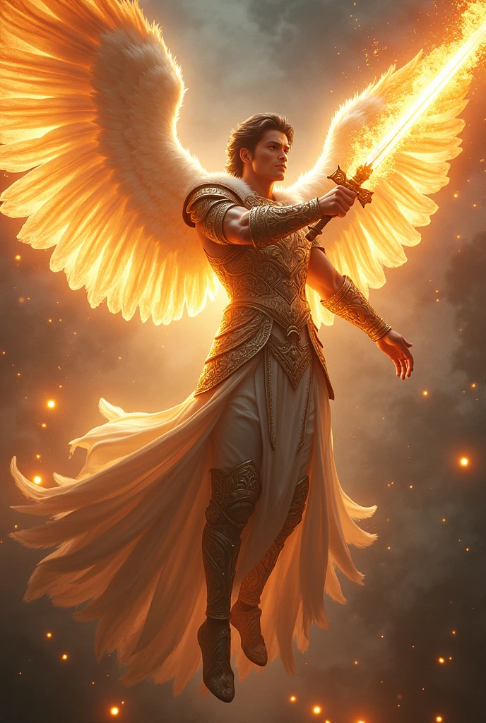 masterpiece, best quality, realistic, ultra detailed, movie poster style, dungeons and dragons character design, celestial, bruneian man with round face, muscular, stylish dark hair, radiant white angel wings, homoerotic heavy armor, flying mid-air, dramatic slashing with flaming sword towards camera, god rays, extremely dramatic lighting, perfect fingers, perfect hands, perfection