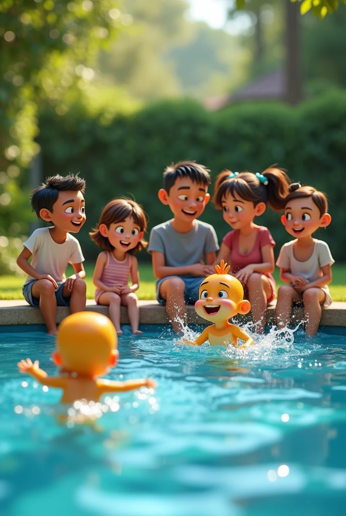 Family watching animated man swim in pool