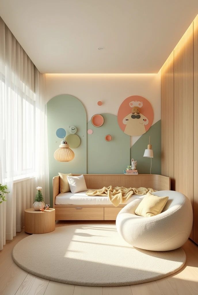Professional 3d architecture rendering design of modern and   light moss and  so light Thunder and light cream and light orange  wooden   Modern and minimal  design for chid  bedroom  and light  cream   carpet  with animals painting and white painting wall and light wooden closet with animals painting and modern ceiling lighting and modern curtains for chid room and the child bed similar globe and safety chair for chid and many toys 