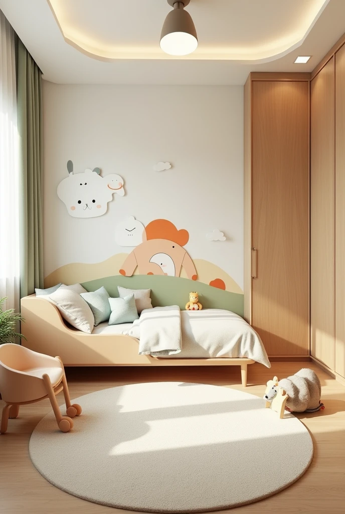 Professional 3d architecture rendering design of modern and light moss and so light Thunder and light cream and light orange wooden Modern and minimal design for chid bedroom and light cream carpet with animals painting and white painting wall and light wooden closet with animals painting and modern ceiling lighting and modern curtains for chid room and the child bed similar globe and safety chair for chid and many toys