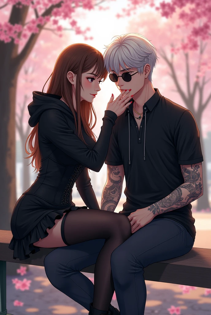 mature woman, pretty, white, long brown hair with bangs, com olhos castanhos, eyeliner on eyes, round eyeglasses, wearing a black hoodie, espartilho preto, Black Skirt, black tights and black boots, is sitting and stroking the head of an adult man, mellow, sitting next to you, bonitas, offwhite, cabelos offwhites lisos e curto com franja, light blue eyes, round black sunglasses, on a bench in a square with cherry blossoms, sleeve-style 