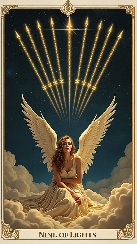 Create a hyper-realistic, emotionally charged image for the "Nine of Lights" card in the Lumen Angelis deck, deeply inspired by the traditional Nine of Swords from the Rider-Waite tarot. The scene should evoke a powerful sense of anguish and internal struggle, transformed into a celestial, ethereal landscape that captures the essence of this card’s meaning.
At the center of the image is a majestic angel, sitting on the edge of a celestial bed crafted from soft, glowing clouds, which float gently above a dark, starlit void. The angel is depicted with a strikingly beautiful yet sorrowful expression, their head buried in their hands, conveying deep distress and anxiety. The angel's long, flowing hair cascades down their back, catching the faint light of distant stars, creating a halo effect that adds to their ethereal presence. The feathers of their wings, normally radiant and pure, now appear slightly dimmed, as if weighed down by the heavy emotions they carry.
Surrounding the angel are nine radiant beams of light, each piercing the darkness around them like swords. These beams are sharper and more intense than in any previous card, with each one emanating a cold, harsh light that casts sharp, dramatic shadows across the angel’s form. The beams are arranged in a semi-circle above and around the angel, almost like a crown of thorns, symbolizing the mental torment and relentless thoughts that haunt them. Each beam is adorned with faint, intricate runes that glow softly, representing the various fears, regrets, and sorrows that plague the mind. These inscriptions are so detailed that they seem to pulse with the angel's every breath, creating an almost palpable tension in the air.
The background is a vast expanse of deep, indigo night sky, dotted with distant stars that twinkle faintly, providing a stark contrast to the intense brightness of the light beams. The stars are scattered sparsely, creating a feeling of isolation and loneliness. Below, the darkness stretches