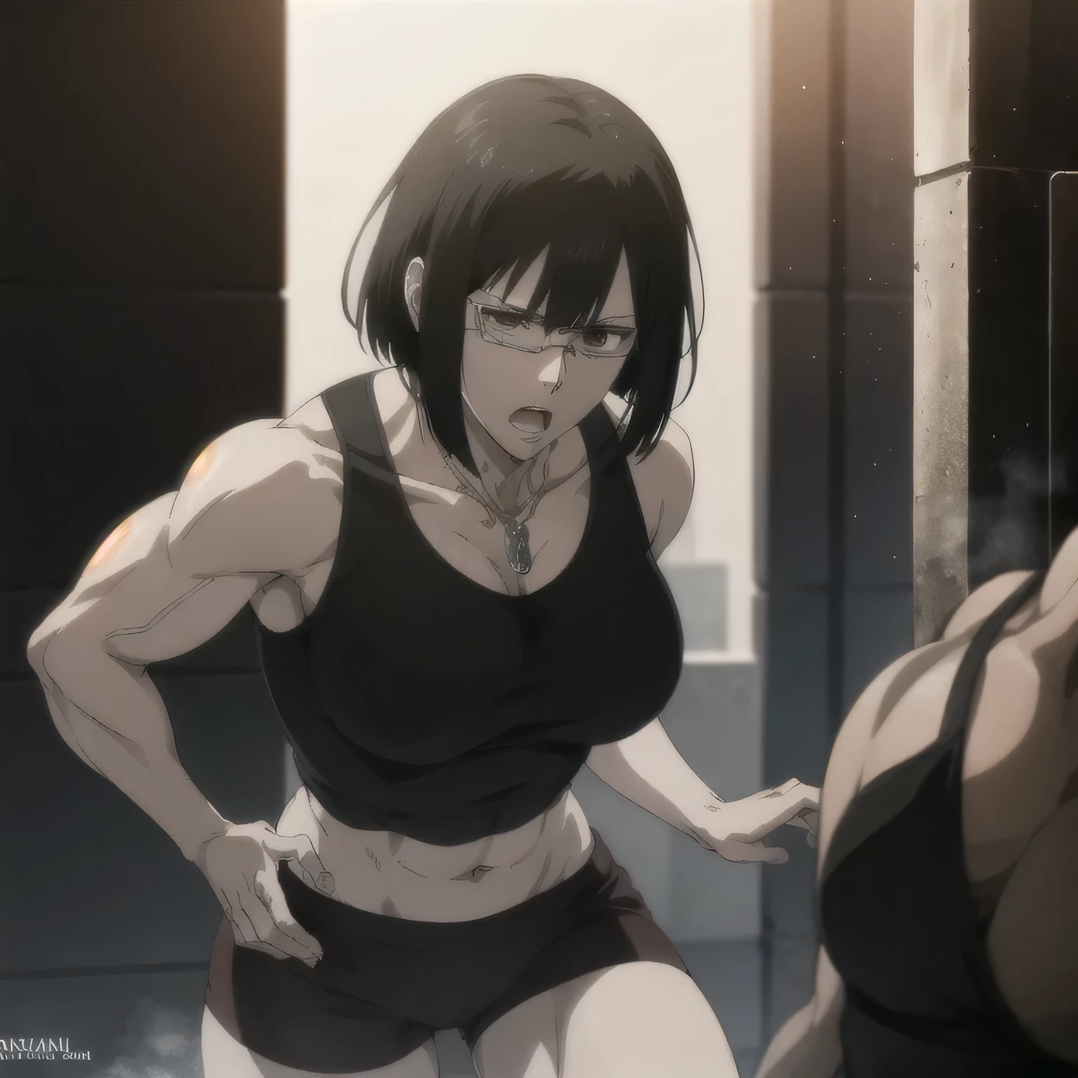 best quality,ultra-detailed,realistic:1.37),musclaur badass girl with sculpted body with preview her musclaur body and six-pack, full review of the female character's face and body, intense expression, strong and confident posture, studio lighting, vivid colors, physiologically-based rendering, grungy texture, rugged background, dust particles in the air, commanding presence, professional, powerful, gritty aesthetics,,،short hair, Chains necklace,Light reflection on shoulders,clean muscles،wearing black sport shorts and blue gym tank top,،muscles review( girl solo),,Shining muscles,eyes detailing,fat free body,veins in muscles,penis growth inside shorts,Photo session,Matching remix, mikasa ackrman,mikasa,mikasa from attack on titan