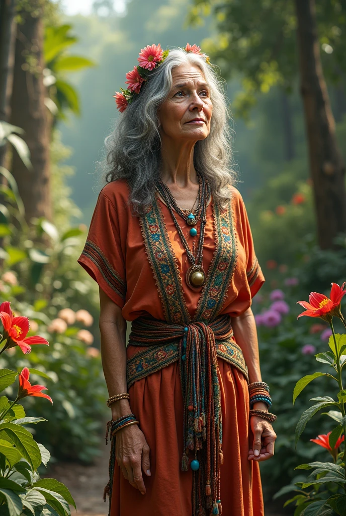 67 year old bohemian and hippie woman in a garden