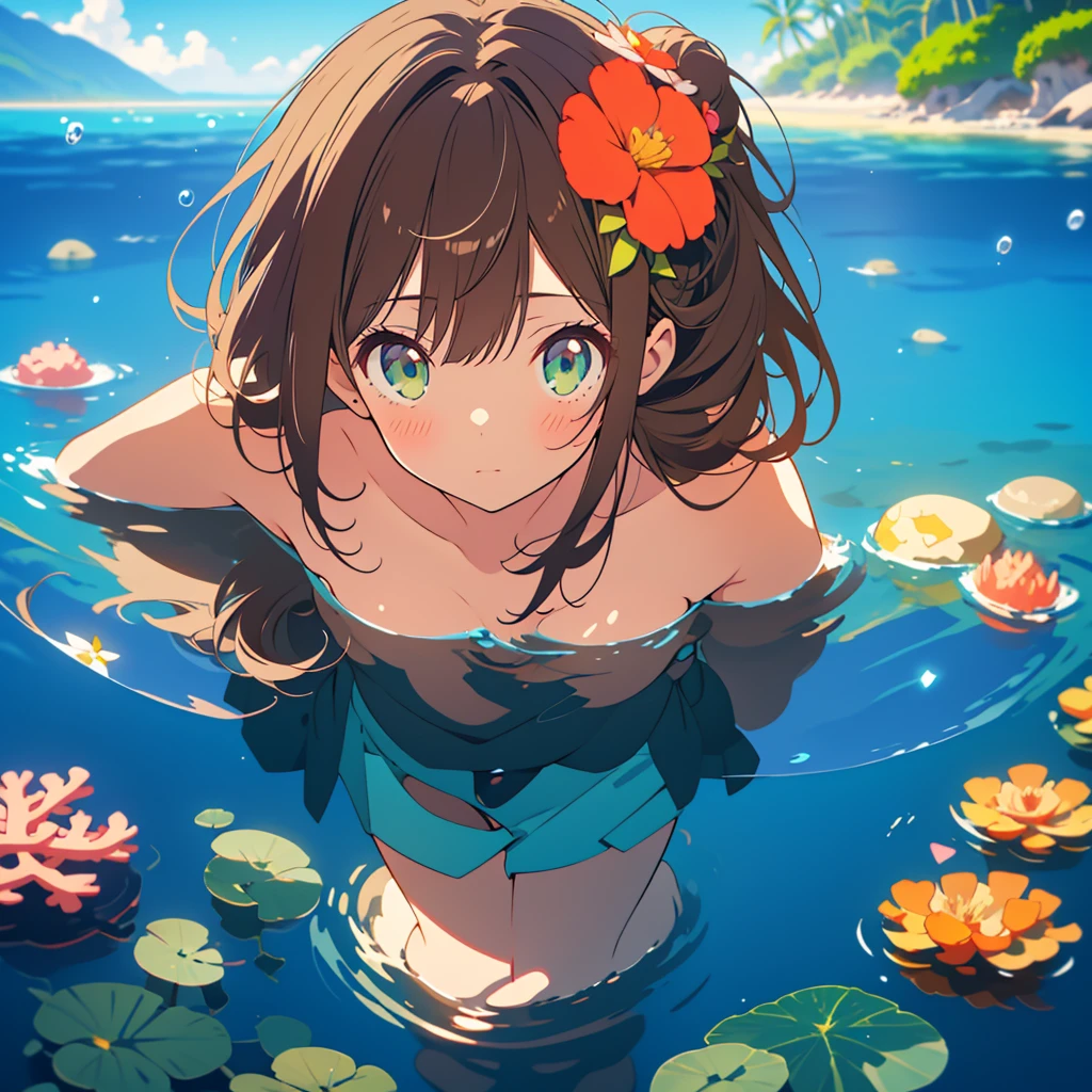 kawaii, anime, Cute, hyper quality, highly detailed, 8k, Clarity, Draw facial expressions in detail, Girl with long dark brown hair and green eyes, swimsuit, whole body, Dynamic feeling, underwater, bottom of the sea, ocean floor, light shines in, blisters, Flowers bloom on the ocean floor, fantastic, highlight on eyes, in the water, reflection, coral reef, flow of water,