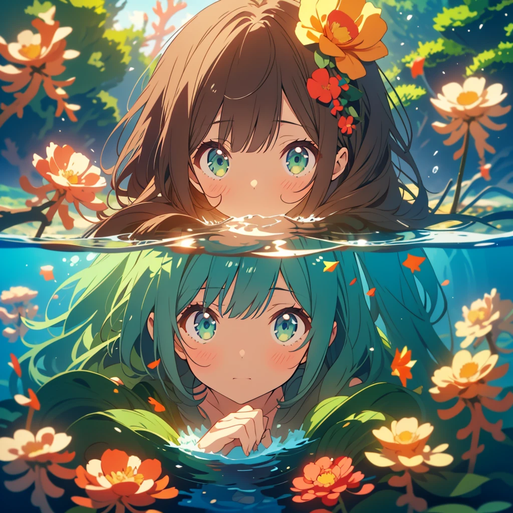 kawaii, anime, Cute, hyper quality, highly detailed, 8k, Clarity, Draw facial expressions in detail, Girl with long dark brown hair and green eyes, swimsuit, whole body, Dynamic feeling, underwater, bottom of the sea, ocean floor, light shines in, blisters, Flowers bloom on the ocean floor, fantastic, highlight on eyes, in the water, reflection, coral reef, flow of water, 	