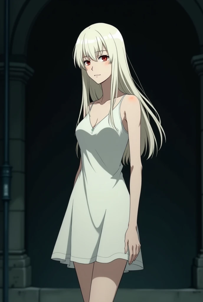 The image is in the style of a Ghibli studio anime., although somewhat gloomy and adult, It features a 20-year-old albino adult woman.. She is standing in front of a black wall, you see him from behind, She has long hair and red eyes. Shown with a smile. She has a white dress that reaches her knees.. strong thighs.
