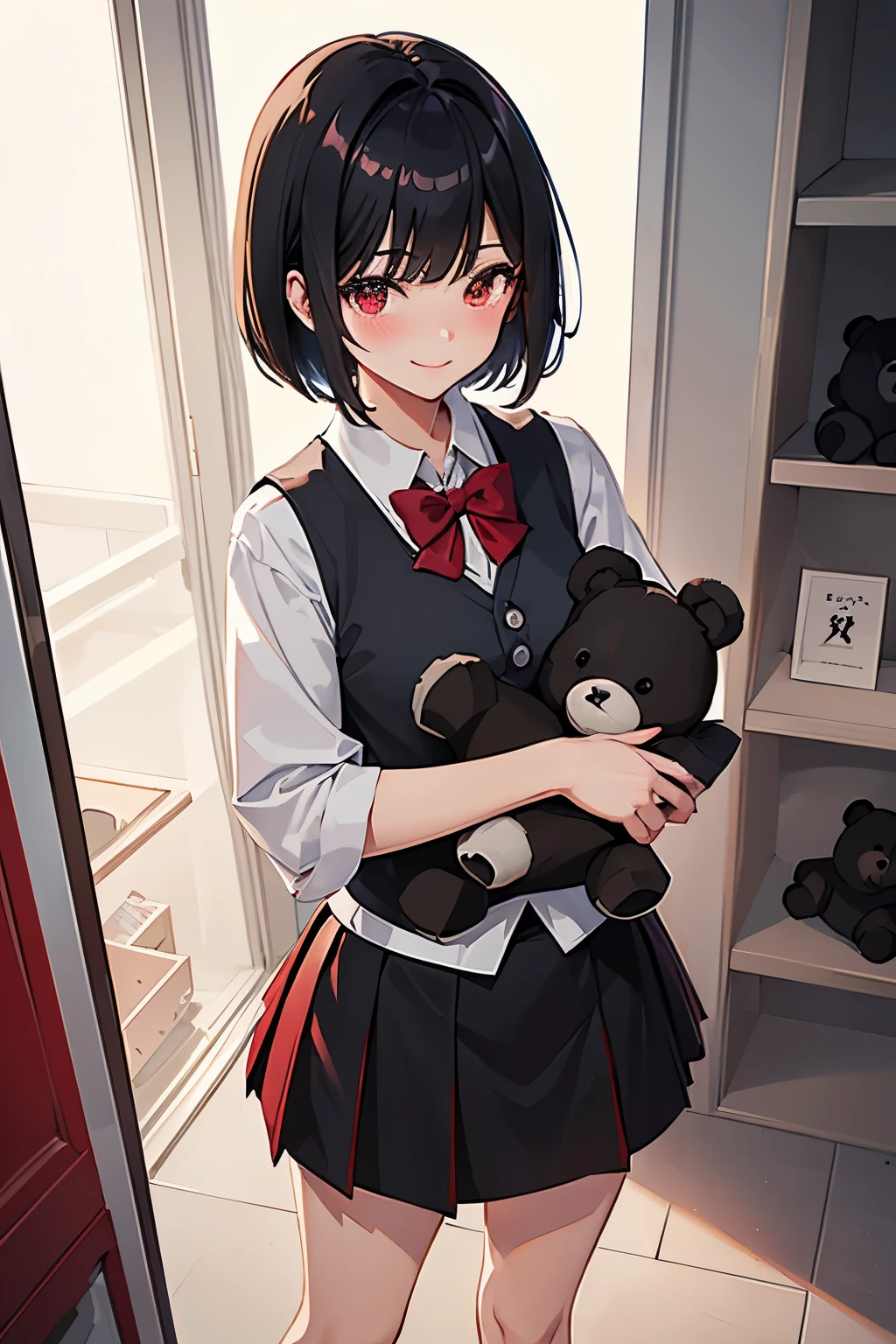 1 stunningly beautiful smiling college girl, blushing, short black hair, bob cut, wearing an Japanese school uniform, red eyes, Alice the bully, 18 yo, ((short black skirt)), red bow, ((light gray closed vest)), holding a fluffy ((black teddy bear)) in a store,
