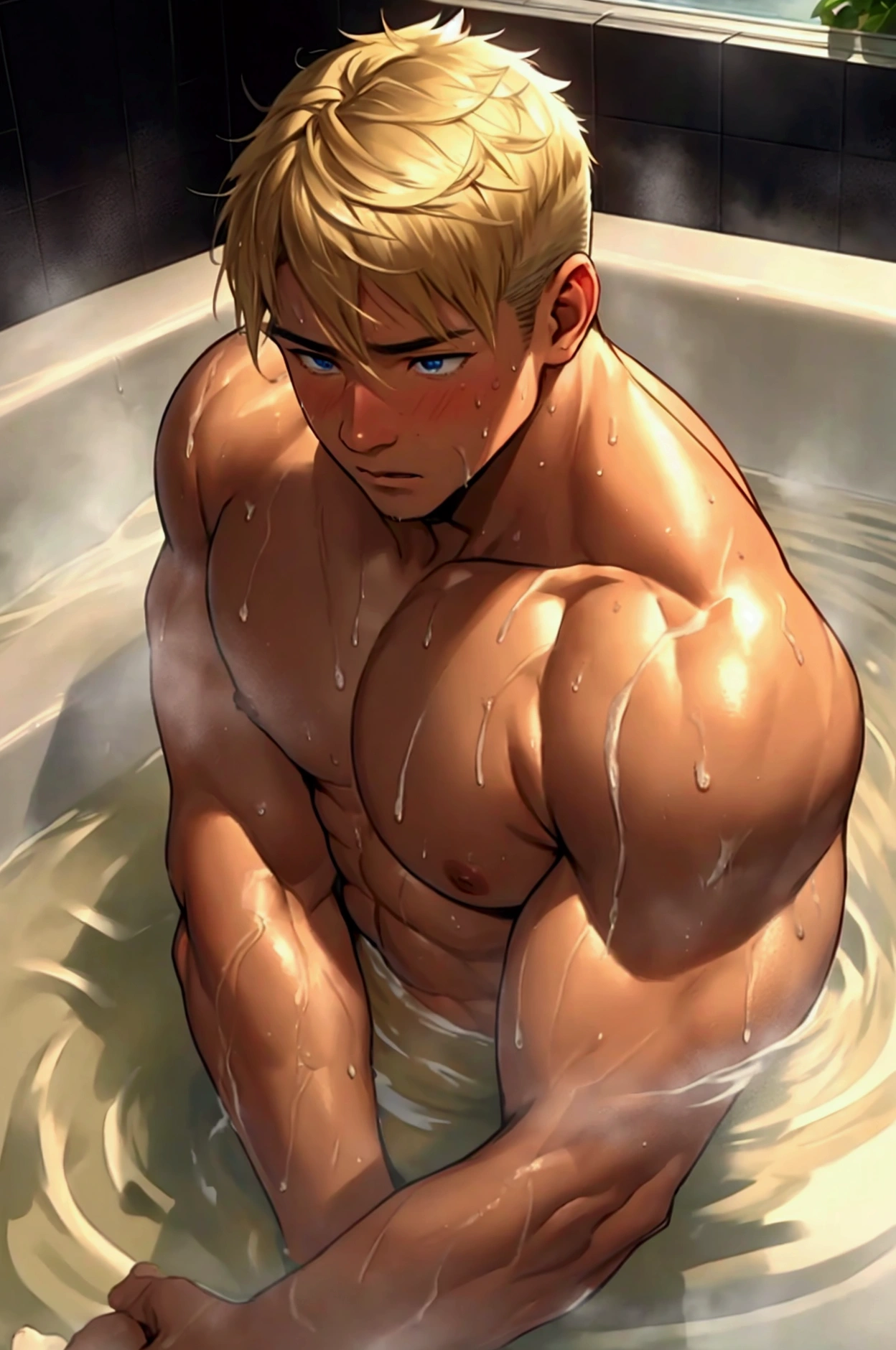 A large, muscular man in his 20s taking a bath、Highest quality、Perfect Eyes、Gay、Brown skin、Completely naked、Blonde Short Hair、Embarrassed face、sweating、Your body is wet、Kind personality