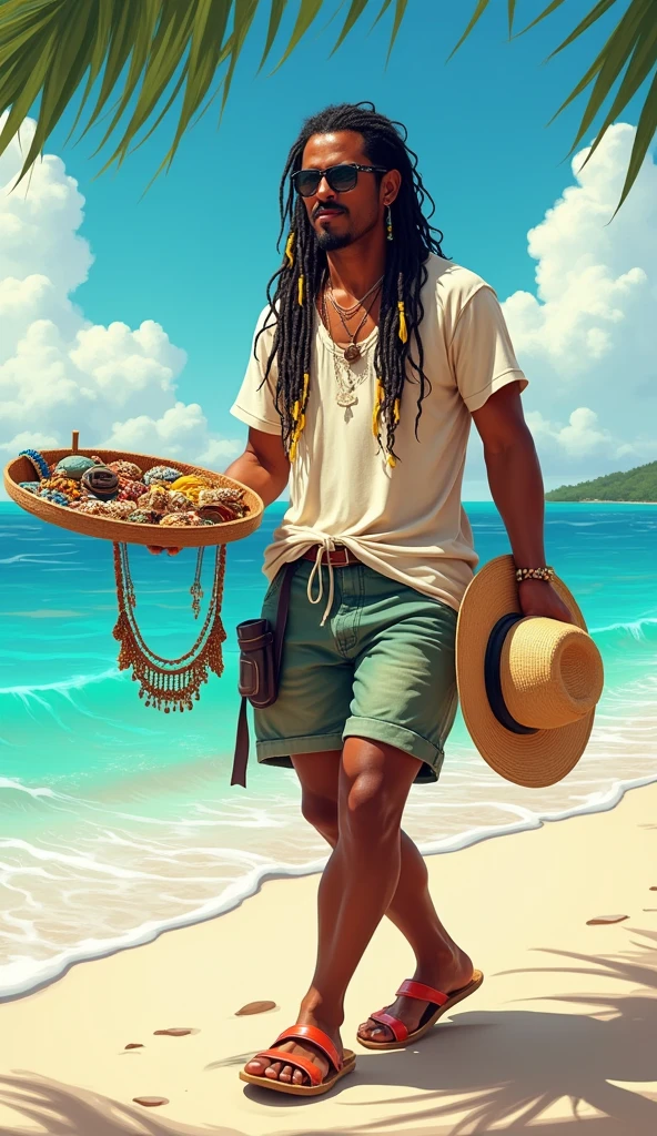 create the image of a street vendor on a beach in Venezuela. The vendor is a white Venezuelan man with a builtfat type of body, he is a bit fat, he has slim arms, a product of sun and exercise. His long, thick black hair is delicately braided and adorned with fine yellow highlights that contrast with his tanned skin. His hairline type is rectangular shaped. He has an asian van dyke sparse black mustache . His eyes are protected by modern sunglasses, which give him a relaxed and carefree air. His clothing is casual and summery: beach shorts that reveal his thick and slightly muscular legs and a loose t-shirt, ideal for the tropical climate. His appearance conveys positive energy and a relaxed lifestyle. The colorful braids and handmade accessories complement his bohemian look and connected with nature. He is around 30 years old, he is an extroverted person, with a free and adventurous spirit. His job as a seller of handmade jewelry suggests an artistic sensibility and a deep respect for nature, since his products are made with organic materials such as snails. The place where he sells is a paradisiacal beach, with fine white sand, the turquoise sea stretching to the horizon. The sun shines brightly, creating a warm and welcoming atmosphere. A gentle sea breeze caresses the skin and the sound of the waves breaking on the shore accompanies the scene. The seller walks at a leisurely pace along the shore of the beach, leaving footprints in the sand. His bare feet feel the soft texture of the sand as he looks out to sea. In one hand he carries a colorful tray with his handmade creations, necklaces and shell bracelets, which he proudly displays to potential buyers. His other hand gently swings a straw hat, which protects his face from the sun. Tourists strolling along the beach are attracted by his unique and original products, stopping to admire his creations and chat with the seller.