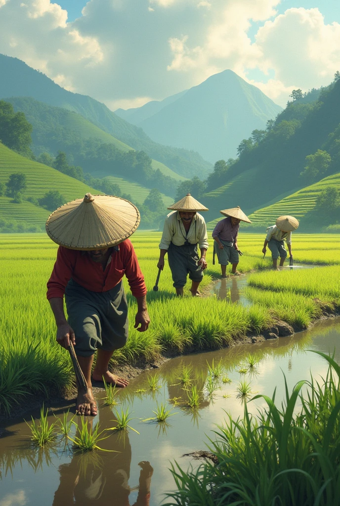 Farmers planting a paddy with good nature