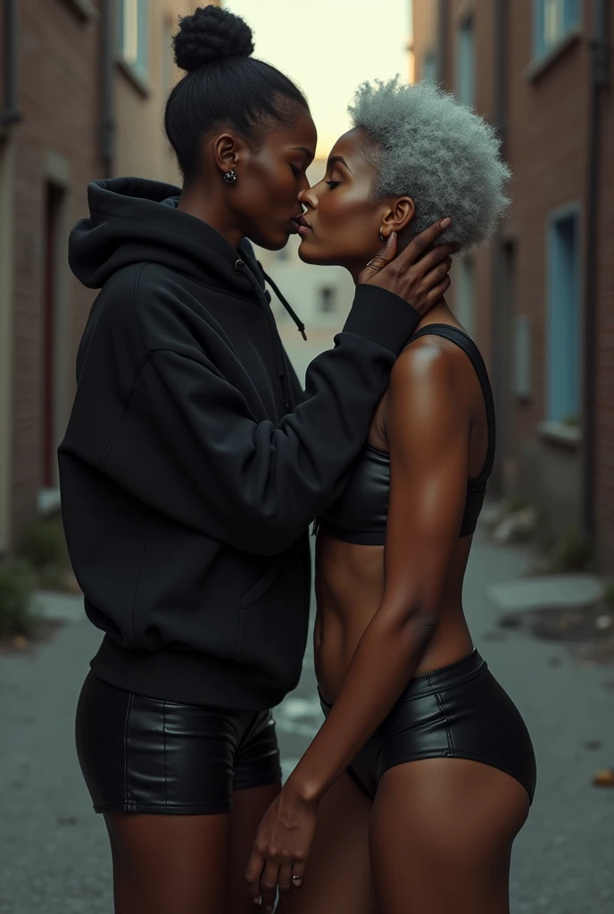 black woman hair in a bun black hoodie black leather short shorts a old grandma in a dress standing behind her with her hands on her ass kissing her neck