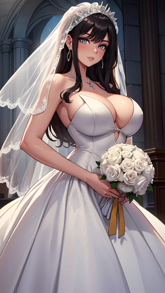 Pose: 1girl, masterpiece, highres, sonicedges_rias_gremory standing with one hand on her hip, the other arm hanging loosely or playing with her hair.
Expression: Soft, confident smile with eyes looking into the camera.
Attire: Elegant ((wedding dress, bridal veil, wedding, bouquet))that complements the glamorous setting.
Hair: Styled to cascade over one shoulder, with light waves.
Makeup: Subtle yet elegant, with emphasis on the eyes and lips.
Background: A softly blurred wedding church.
Lighting: Warm, soft lighting that highlights the woman's features and adds a glow to her skin.
Accessories: Minimal, such as a pair of delicate earrings or a simple necklace.
Mood: Elegant, confident, and slightly mysterious.