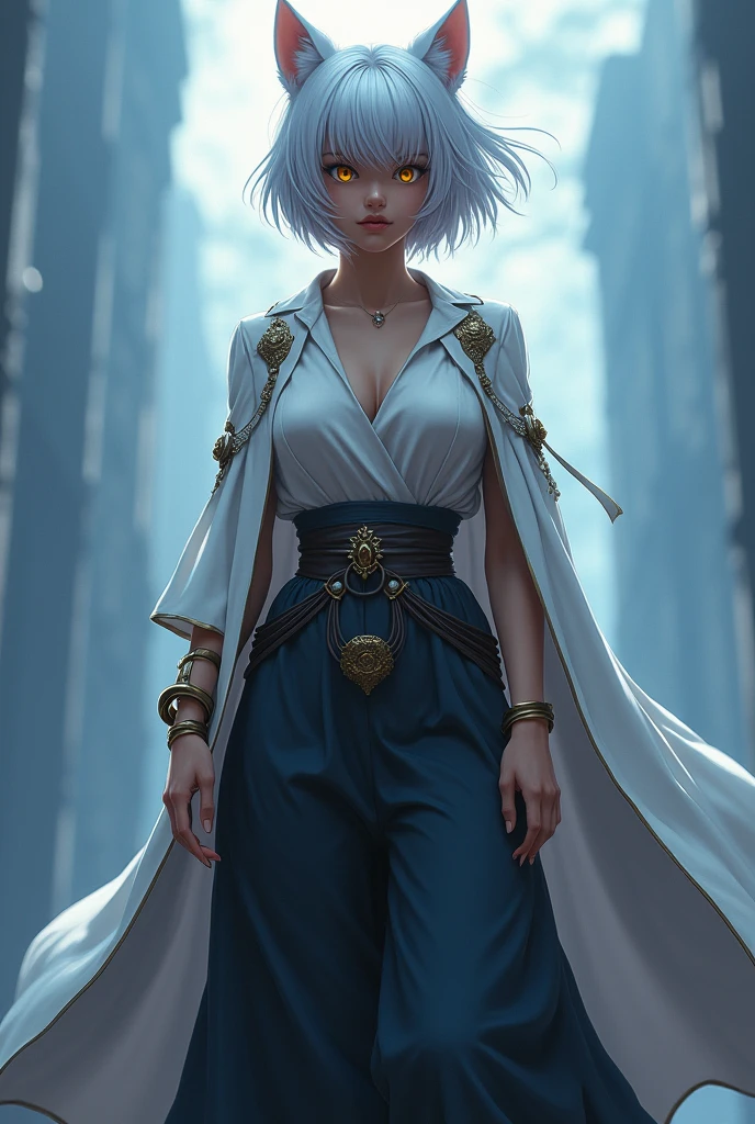 She is a woman with golden eyes, her full body looks like Inuyasha, she has dog ears like Inuyasha, short white hair, and wears clothes like Sesshomaru. : long blouse and wide pants, He has a challenging look and an attitude like Inuyasha, being sometimes arrogant but with a good heart., the background is light blue and dark blue
