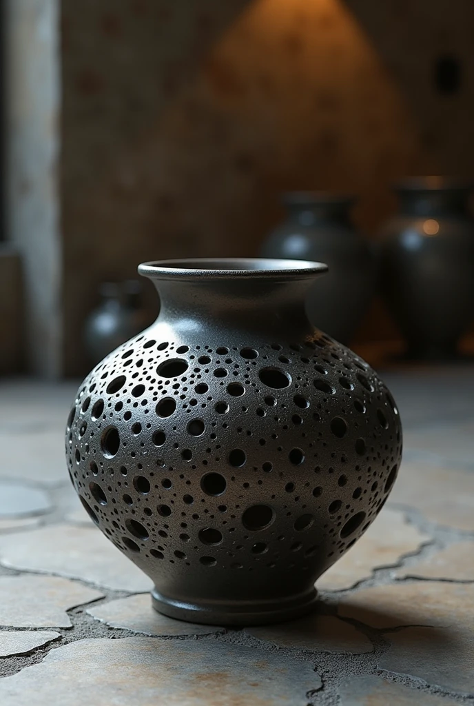 (photorealism:1.2), a pottery, made by iron, very elegant, metaphysical, very complecated pattern holes on surface itself, very well polished iron pottery placed in floor