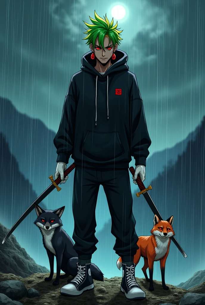 Man with green hair and yellow tips and red eyes with 2 katana, with a black hooded sweatshirt and soft black pants with white gloves, dark skin tone, but of course, with a psychopathic look, with black and white tennis shoes and 2 small knives, with a fox, with red earrings, anime style, standing posture, on a mountain at night raining 
