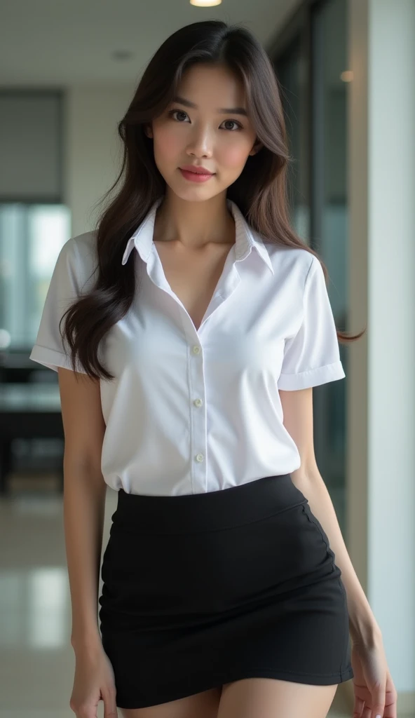 high quality, 8k, Ultra detailed, hdr, human only, ภาพนักศึกษาถ่ายรูปนูดชุดบิกินี่ อายุ 19 ปี เป็นหญิงเอเชีย, (beautiful bra, G shape),
wearing a Thai student uniform, a white short-sleeved shirt, a black short skirt,
a tight fit,