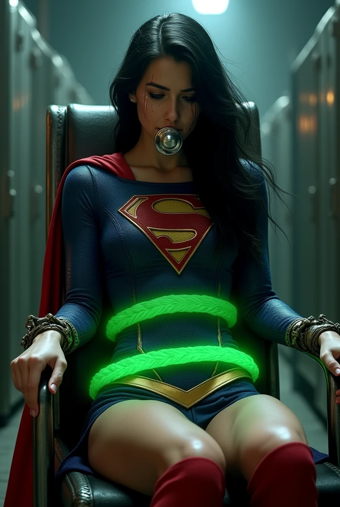 A PERIL BONDAGE SCENE WHERE A HOT SUPERGIRL WITH LONG BLACK HAIR WEARING HER ICONIC SUPERGIRL OUTFIT AND CAPE, TIED DOWN TO A METAL CHAIR WITH GREEN KRYPTONITE ROPE, A BALL GAG SITS IN HER MOUTH, HELPLESS,CRYING. INCREDIBLE DETAILS, HYPER DETAILED IN 8K RESOLUTION, MILLIONS OF COLORS.