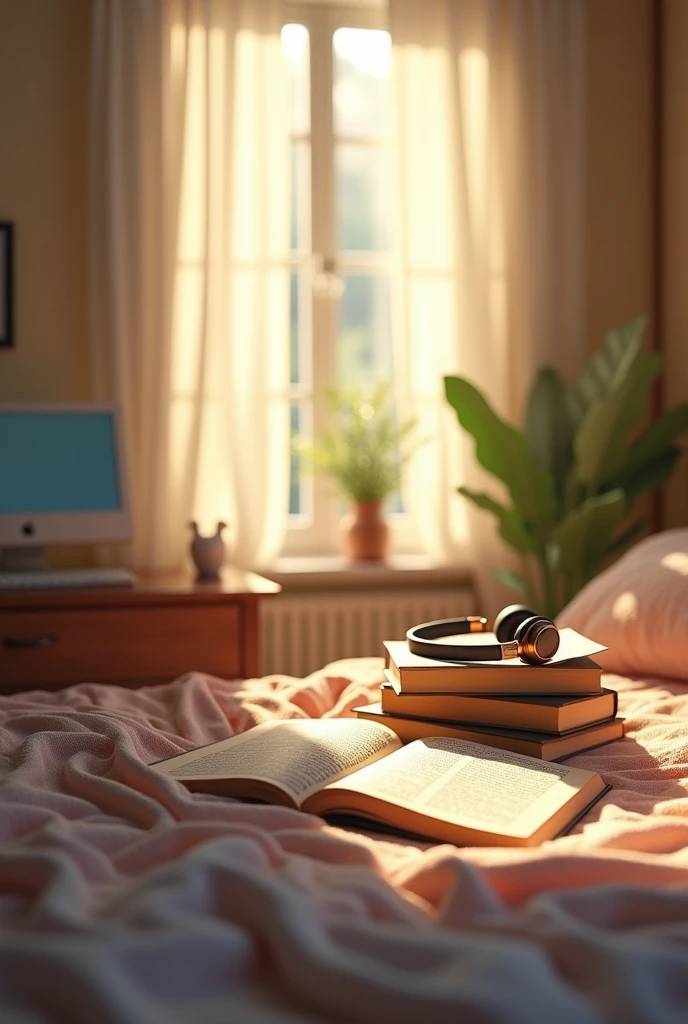 book cover: headphones books pajamas computer bed window with sun shining in no people 