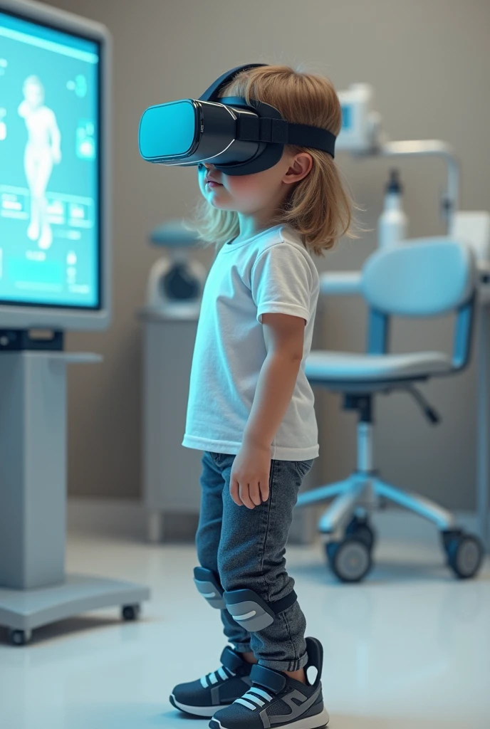 Realistic image of a child using virtual reality glasses while performing a gait re-education exercise