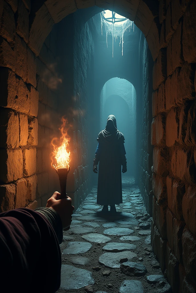 Draw a dark dungeon corridor, fancy, RPG, there is a hand as if it were the reader&#39;s hand holding a torch, as if it were a first person game where the player is exploring this dungeon, the corridor is very narrow and dangerous, in front of the player there is a skeleton warrior ready to fight