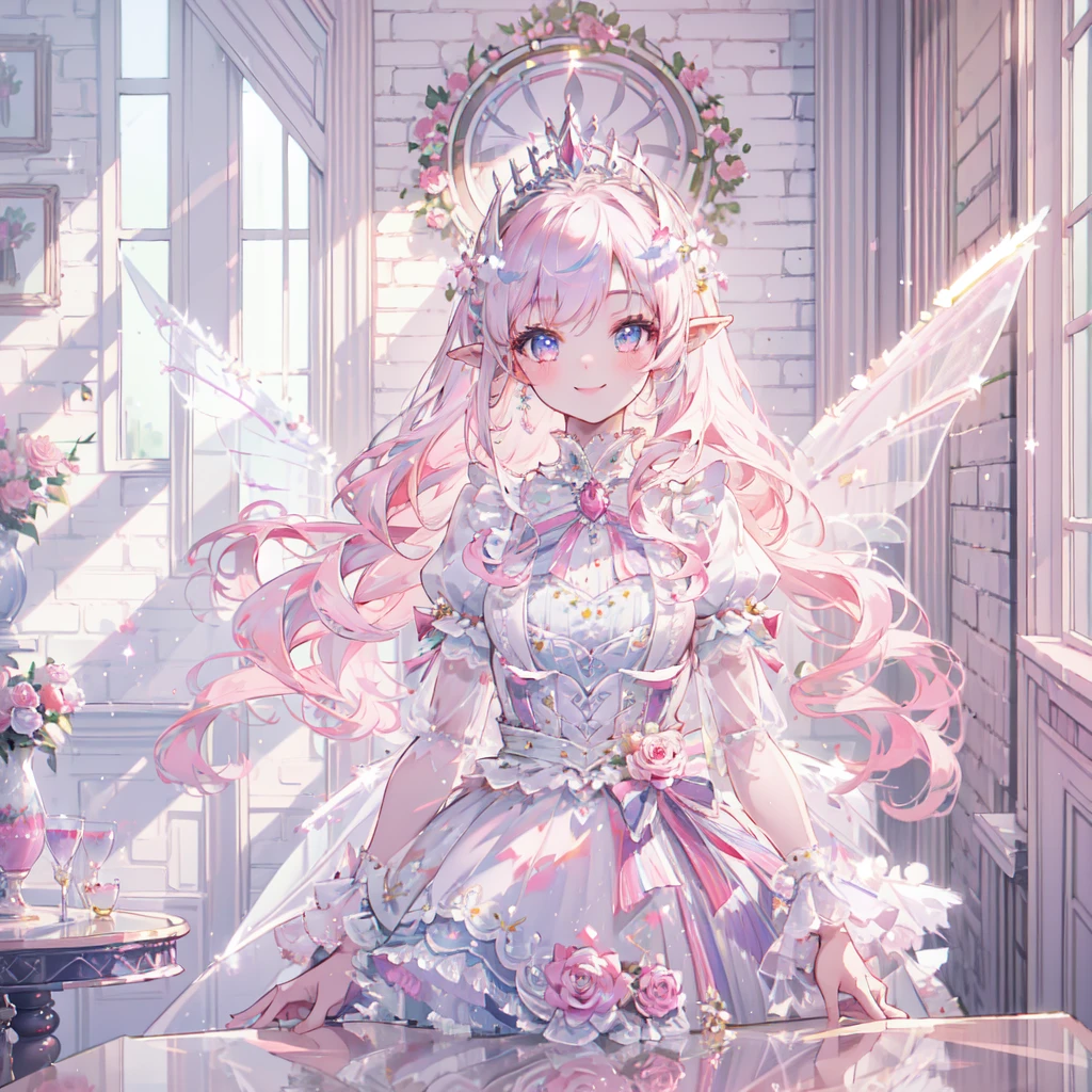 masterpiece,highest quality, very detailed, beautiful, exquisite, 16k, Full HD, confused,white background,((Upper body,half body photo)),((smile,Happy:1.5)),((Sparkling fluffy layered ball gown)), (Grasp the hem of your dress and bow slightly..),lots of flowers,((Surrounded by roses)),ruffles and rhinestones, ( table top, art station, fantasy art:1.2), Standing with an elegant smile,pastel colour,((giant white fairy wings))、white skin,gradient hair, pink hair, hair blowing in the wind, wavy hair,fluffy hair,tiara,lavender eyes, long eyelashes, beautiful eyes、pale pink cheeks,pointy ears, bright eyes,dazzling light, warm lighting,
