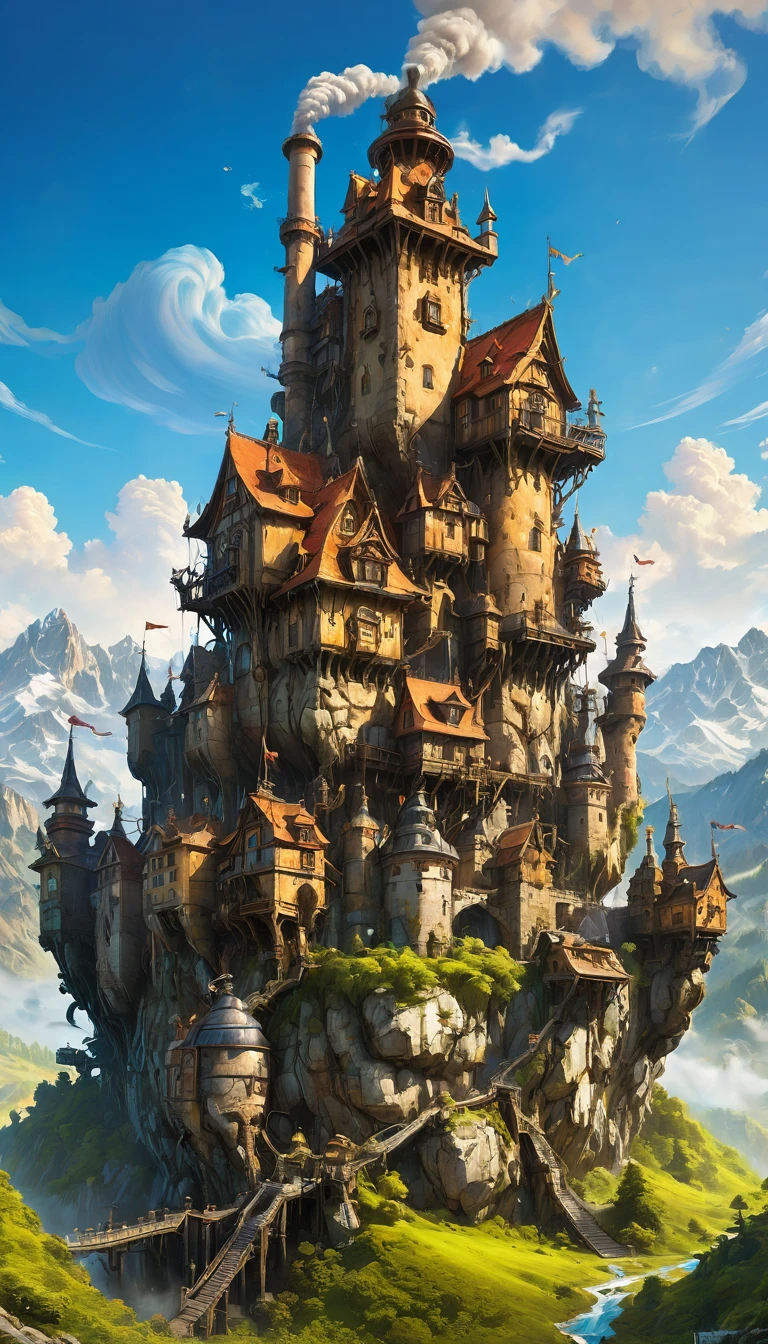 "A large, fantastical moving castle with a rustic and industrial design, featuring multiple chimneys emitting smoke, various rooms and structures built on top of each other in a haphazard manner, mechanical legs that allow it to walk, set against a background of mountains and a bright blue sky. The castle should have a whimsical and slightly aged appearance, with intricate details and a mix of wood, metal, and stone elements. The setting is a bright day in a mountainous landscape."