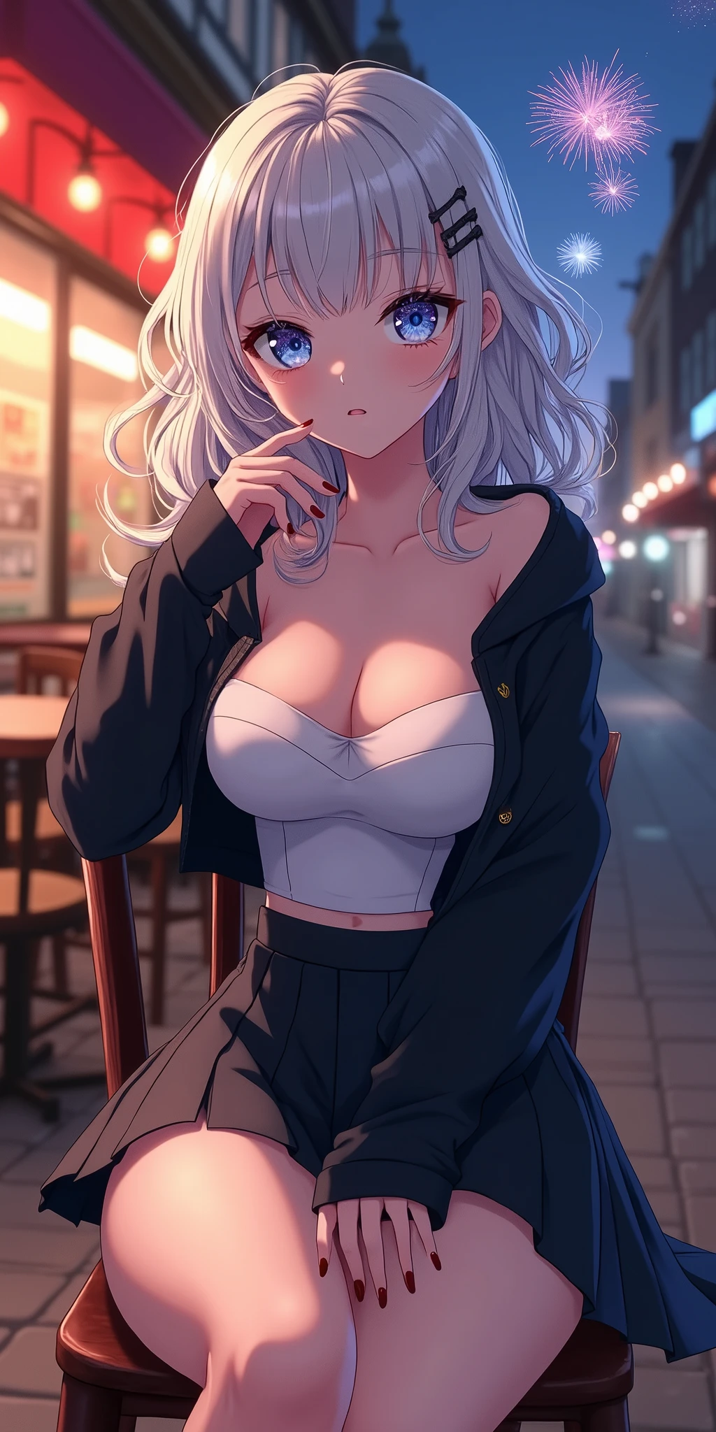 (best quality, ultra-detailed, photorealistic: 1.39), bright and vibrant colors, studio lighting, romantic expression, An effeminate girl, with a delicate and beautiful face. She is a girl who reflects seductive beauty, sparkling eyes, A beautiful adult woman beautiful and voluminous curly white hair, hair clip, crying a seductive 28 year old woman with big breasts seduces, with her large breasts seduces, black jacket, strapless tank top, pleated schoolgirl skirt, with her blue eyes that matches her soft smile, in a beautiful pose demonstrating her seduction on the street, sitting on a chair, tables and chairs on the sidewalk, restaurant next door, night, fireworks in the distance, buildings, night with soft lighting, anime style, like a manwha character
