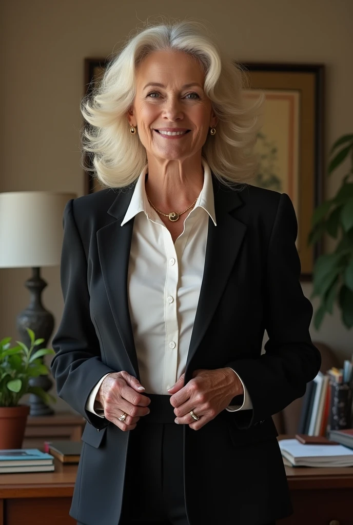  milf 70 years old with (((Big silicon tits))), (((mega giant tits))), Big tits (((fake giant tits)))), dressed in Office outfit, in the house 