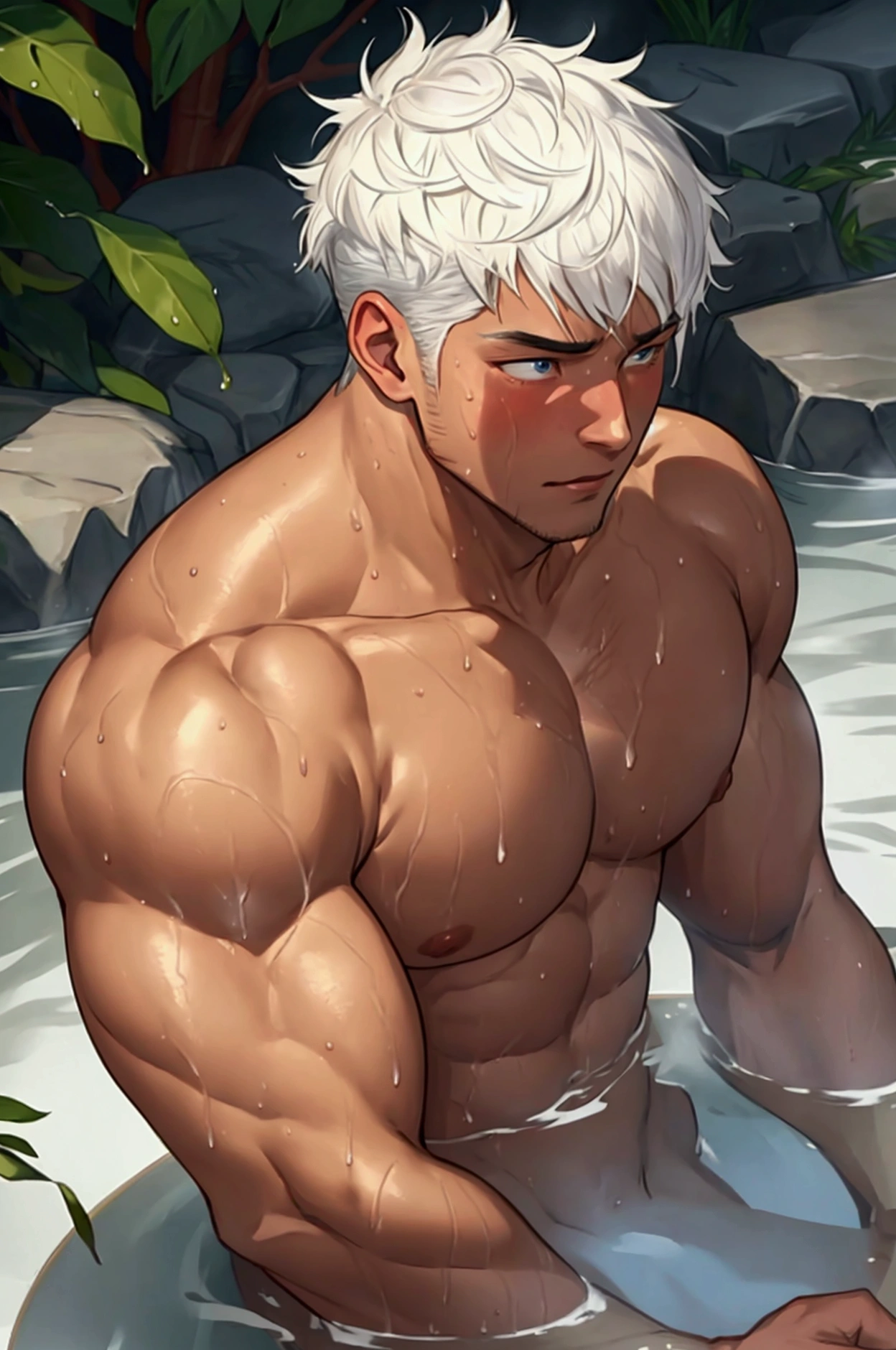 A large, muscular man in his 20s taking a bath、Highest quality、Perfect Eyes、Gay、Brown skin、Upper body naked、White Hair Short Hair、Embarrassed face、sweating、Your body is wet、Kind personality