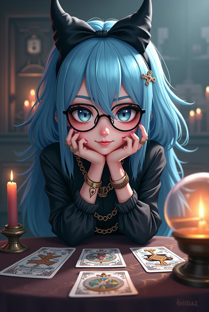 Tarot Cards,fortune teller,Fortune telling room、Black-rimmed glasses,nail art,Mysterious smile,Light blue hair、
