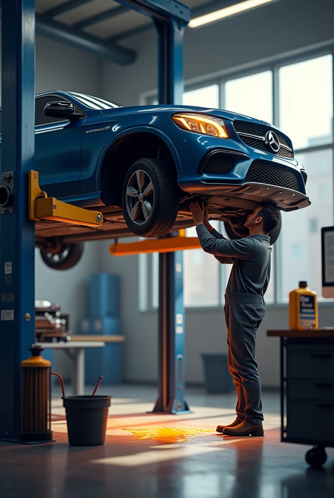 A vehicle was lifted by a lift and a mechanic lowered it down, removing the oil filter., Next to it, the oil resident receiving the oil that falls from the crankcase of the vehicle and to one side a table with a gallon of oil and a new filter