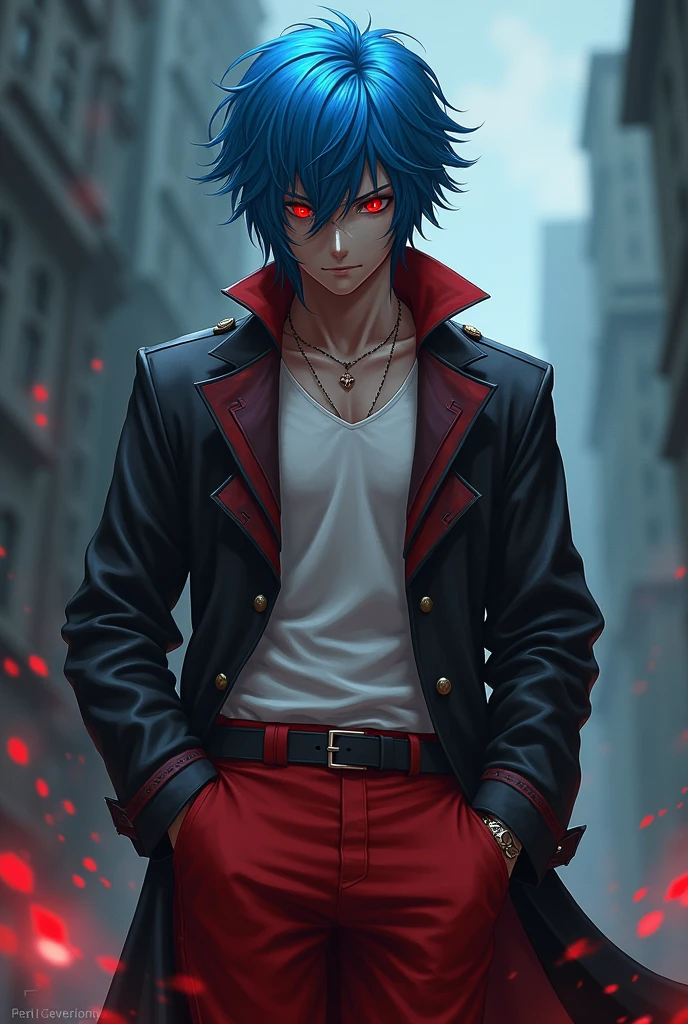 A young man with blue hair and deep red eyes with demon features wearing red pants