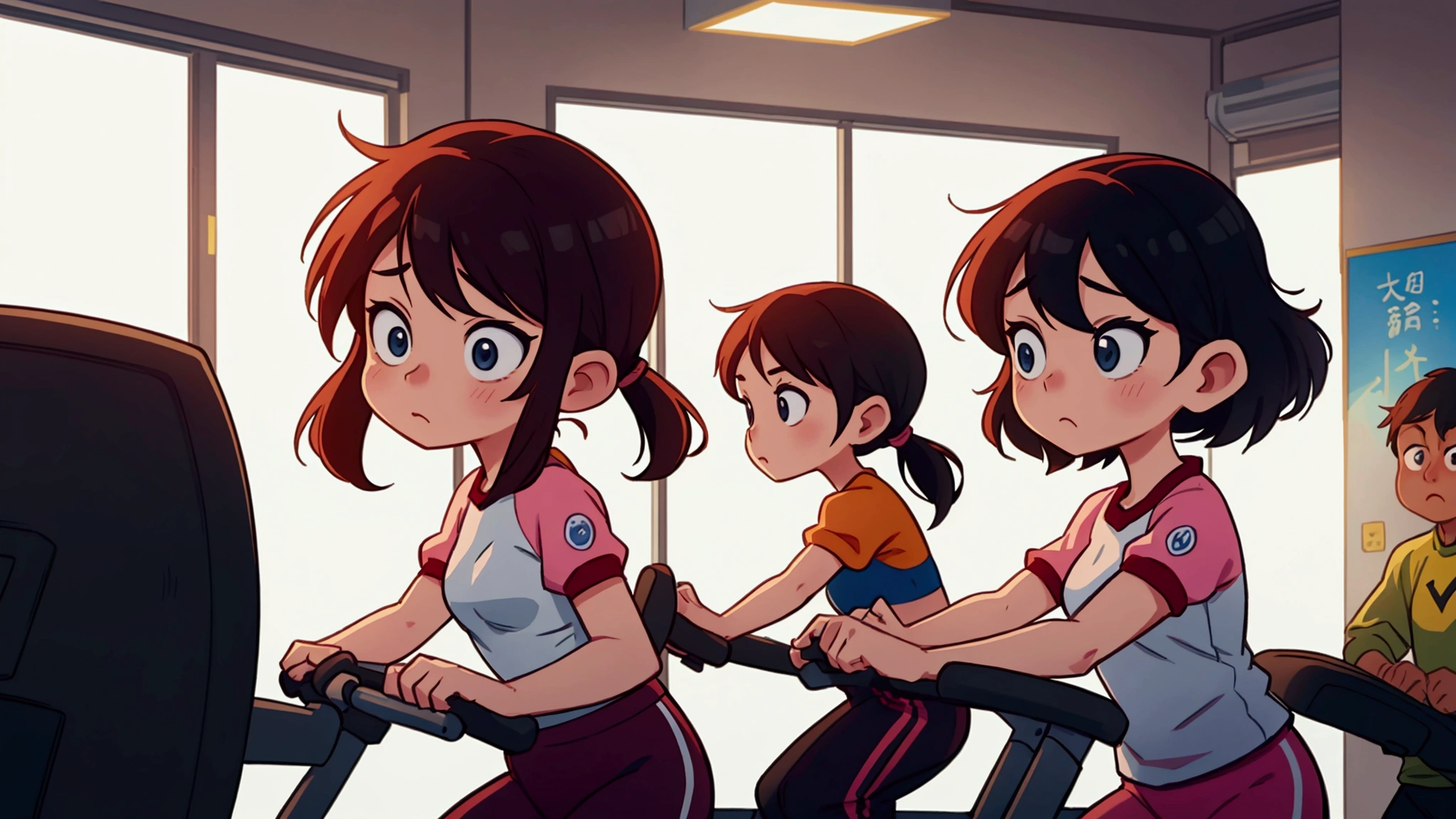 Cartoon Style,From yowamushi pickup, Lois van Baarle, By Ryan Yee, ,there are many people on exercise bikes in a 健身房,background a gym, hedonic treadmill, healthy, Plenty of light, Natural soft lighting,Big scene