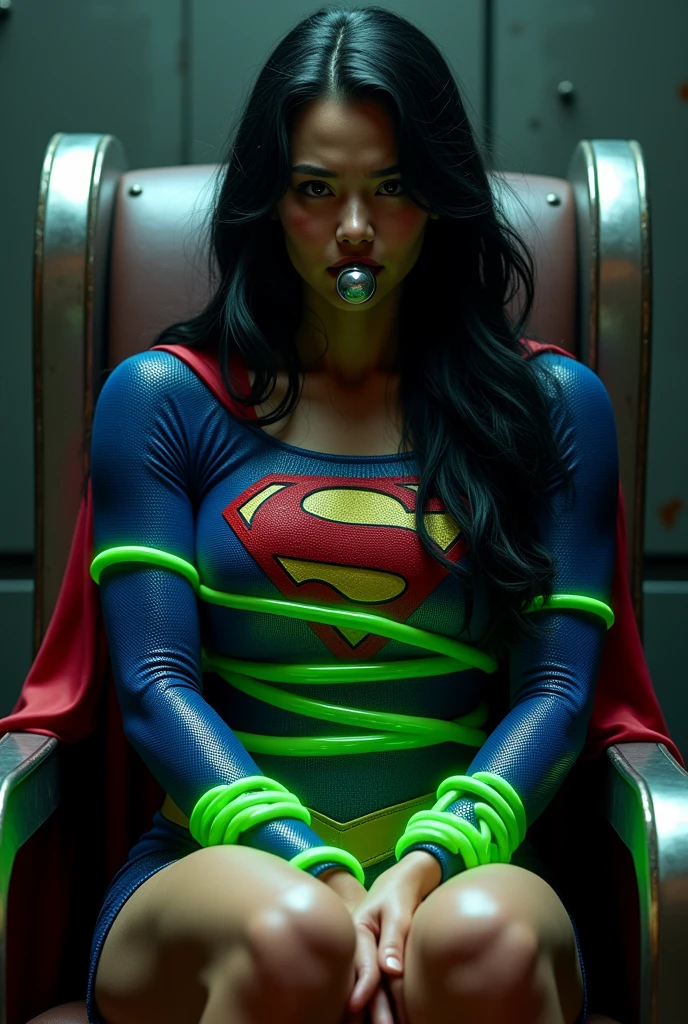 A PERIL BONDAGE SCENE WHERE A HOT SUPERGIRL WITH LONG BLACK HAIR WEARING HER ICONIC SUPERGIRL OUTFIT AND CAPE, HER HANDS, FEET AND WASTE TIED UP TO A METAL CHAIR WITH GLOWING GREEN KRYPTONITE ROPE, A BALL GAG SITS IN HER MOUTH, COMPLETELY HELPLESS IN A PITCH DARK ROOM. INCREDIBLE DETAILS, HYPER DETAILED IN 8K RESOLUTION, MILLIONS OF COLORS.