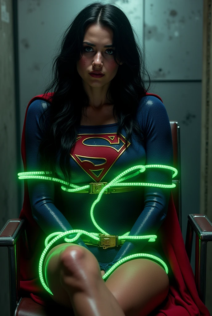 A PERIL BONDAGE SCENE WHERE A HOT SUPERGIRL WITH LONG BLACK HAIR WEARING HER ICONIC SUPERGIRL OUTFIT AND CAPE, TIED DOWN TO A METAL CHAIR WITH GREEN KRYPTONITE ROPE, A BALL GAG SITS IN HER MOUTH, HELPLESS,CRYING. INCREDIBLE DETAILS, HYPER DETAILED IN 8K RESOLUTION, MILLIONS OF COLORS.