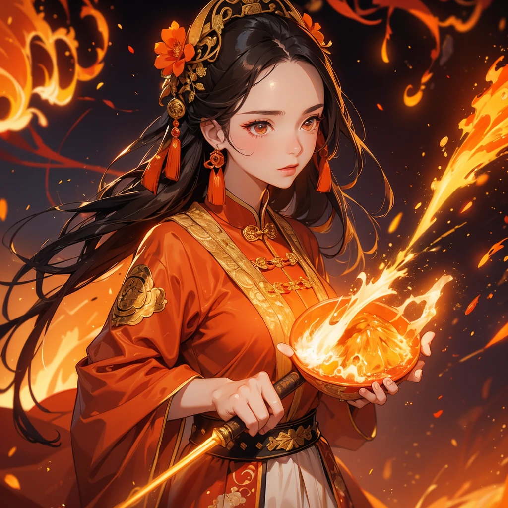 A beautiful female general holding a large spear in golden ancient Chinese general costume, Surrounded by a volcano erupting, red and orange, surrounded by volcanic rocks, sunset, close up.