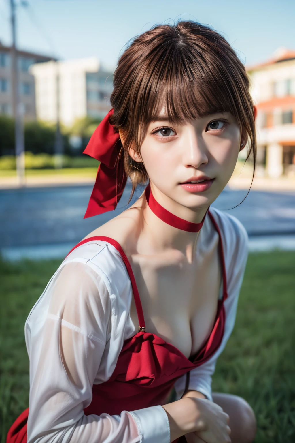  (photo-realistic,realistic:1.4), (best quality, masterpiece:1.2), RAW photo, high resolution, intricate details, extremely detailed, sharp focus, cinematic lighting,
solo, 1girl, a 14yo Japanese girl, (dynamic pose), (detailed face, beautiful detailed eyes, beautiful pupils, sophisticated nose), pale skin, 
(brown hair, bangs), collarbone, cotton clothes, long sleeve, white shirt, blooch tie, (red cami dress), red choker, (red hair ribbon barrette), red ankle strap pumps, photo background, outdoors,
